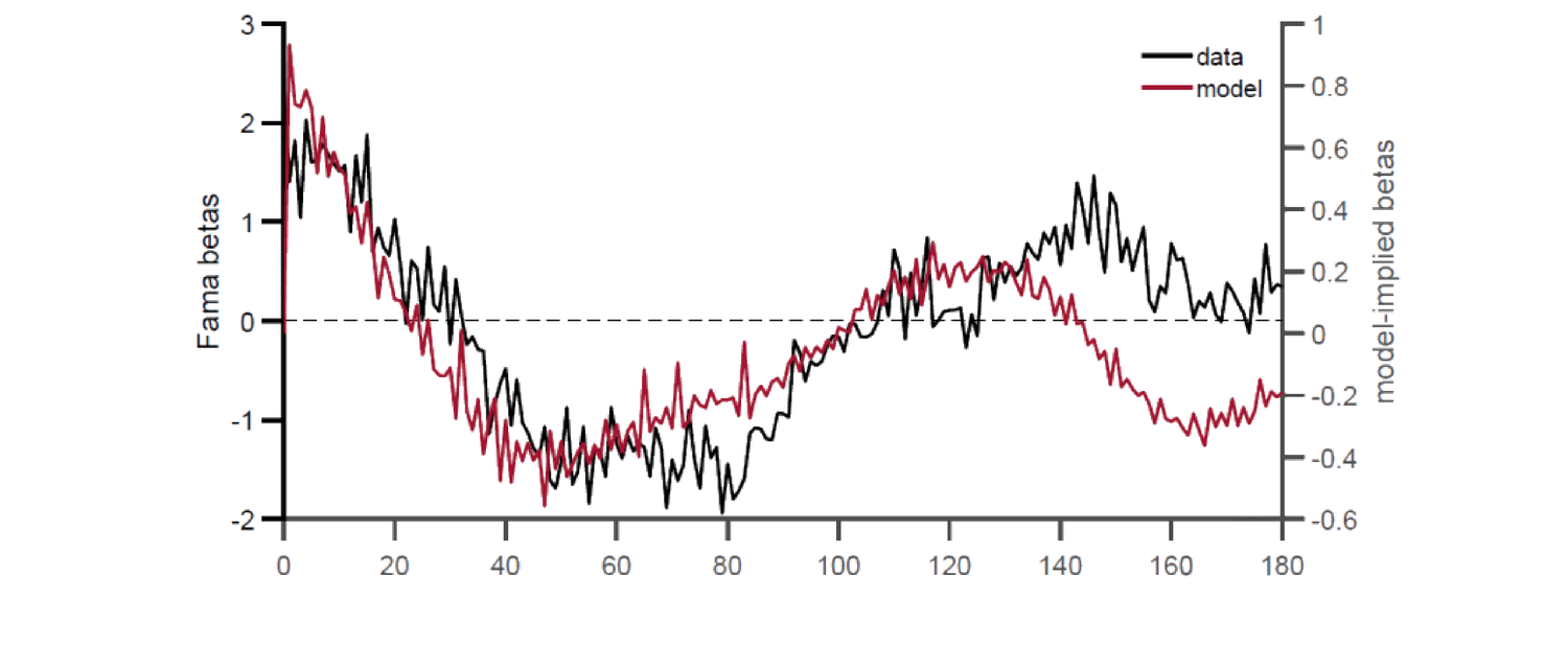 Figure 30.2: One-Factor Model-Implied Fama Coefficient (data vs model)