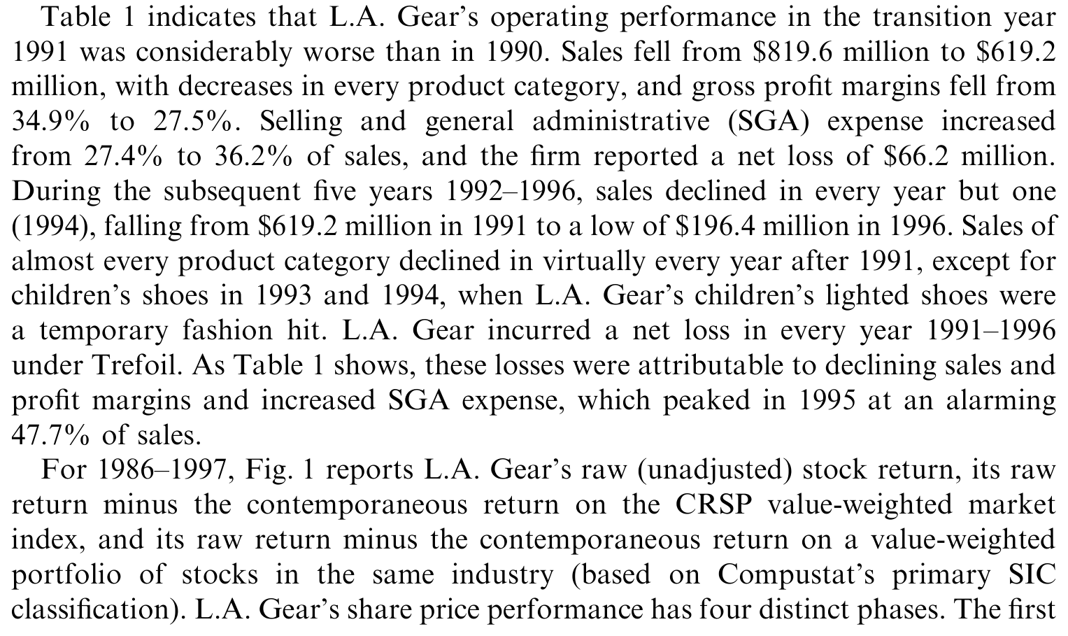 Table 1: indicates that L.A. Gear’s operating performance in the transition year