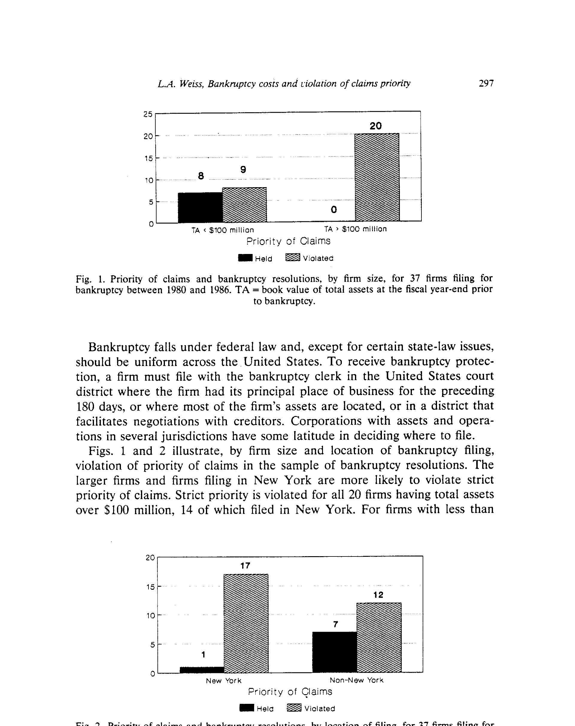 Figure 2: Priority of claims and bankruptcy resolutions, by location of filing, for 37 firms filing for