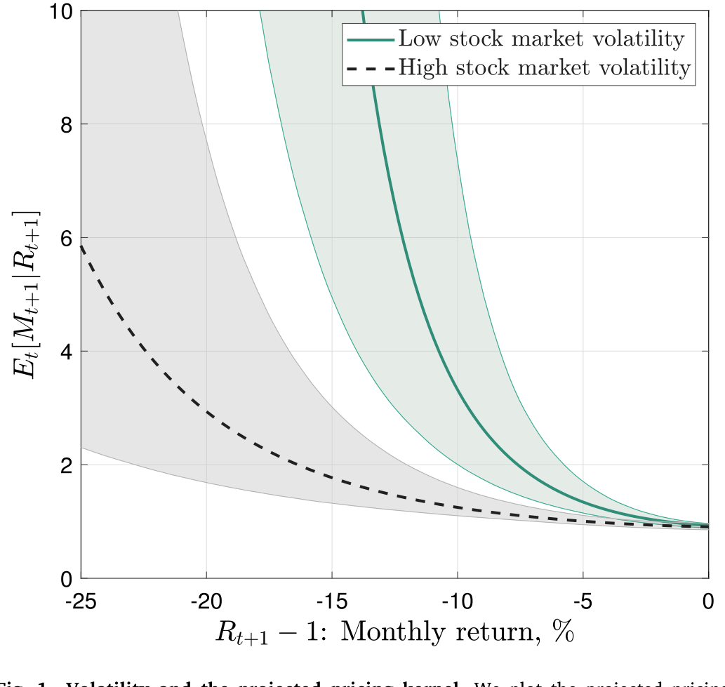 Figure 1: Volatility and the projected pricing kernel. We plot the projected pricing