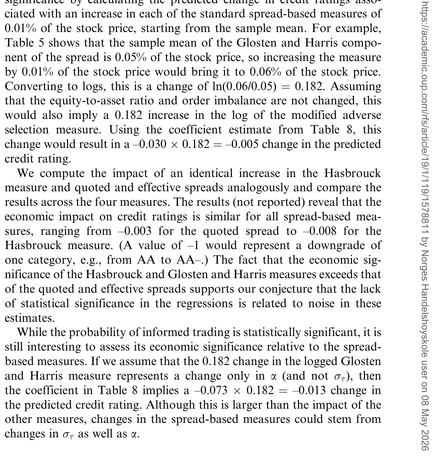 Table 5: shows that the sample mean of the Glosten and Harris compo-