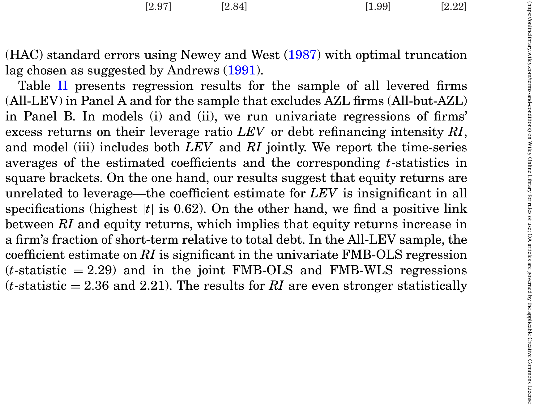 Table II: presents regression results for the sample of all levered firms