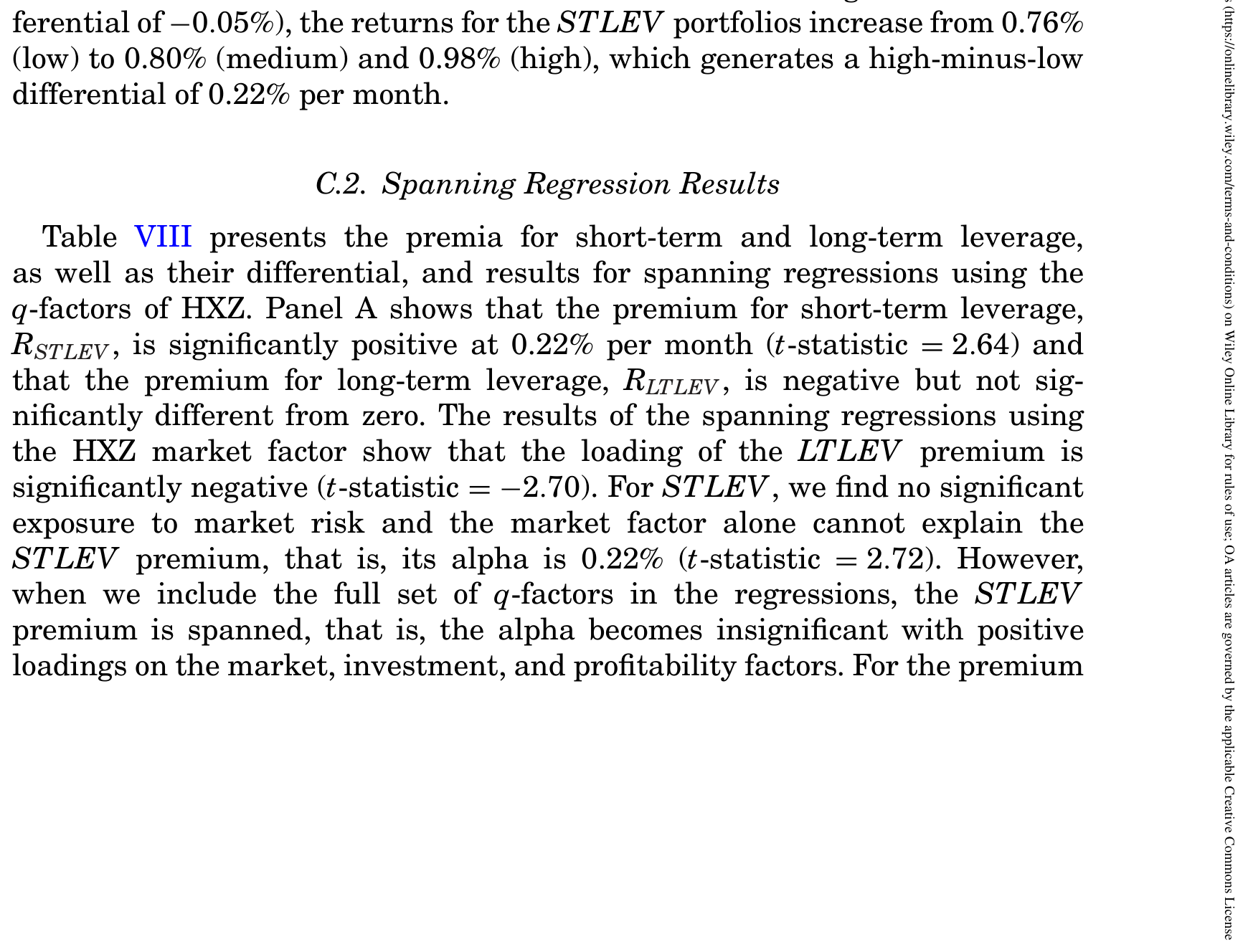 Table VIII: presents the premia for short-term and long-term leverage