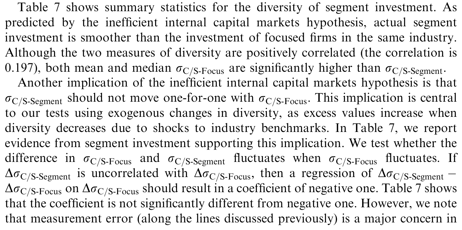 Table 7: shows summary statistics for the diversity of segment investment. As