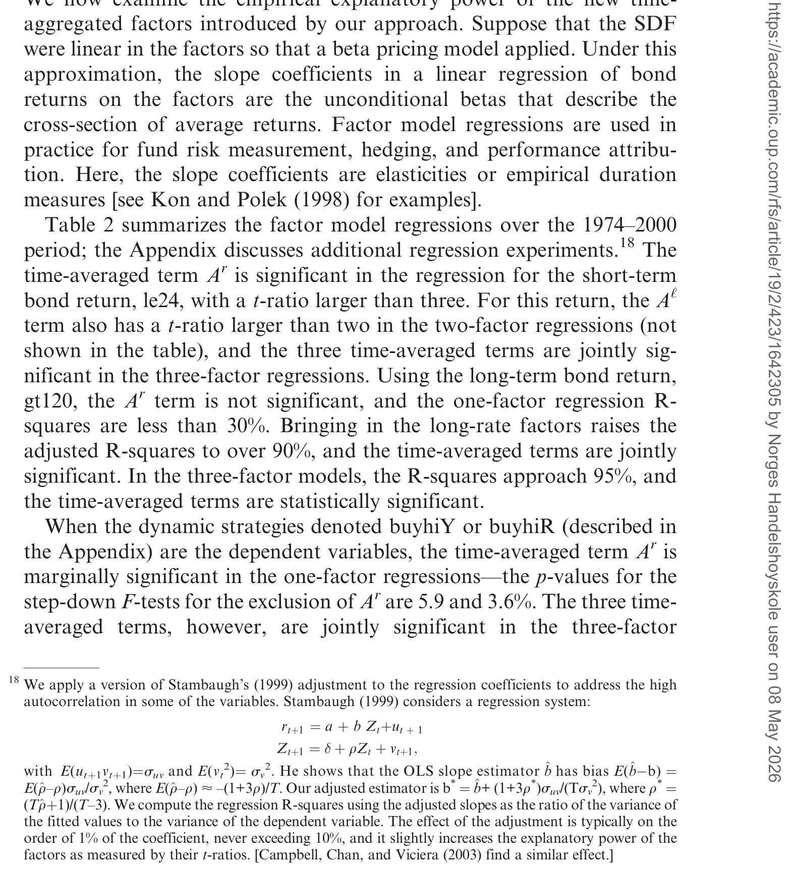 Table 2: summarizes the factor model regressions over the 1974–2000