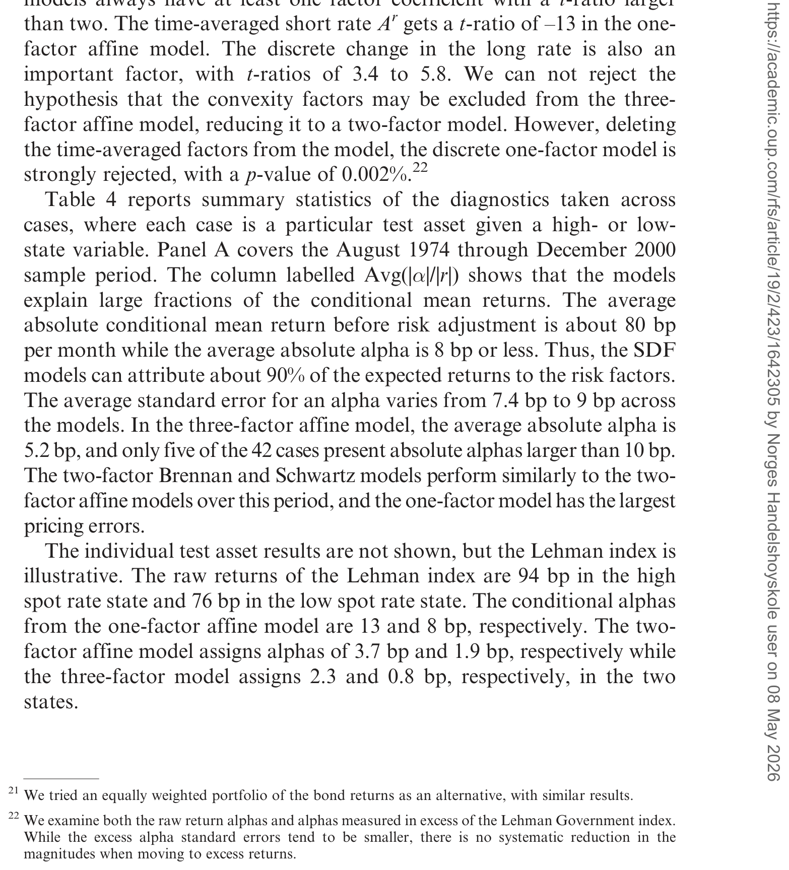 Table 4: reports summary statistics of the diagnostics taken across
