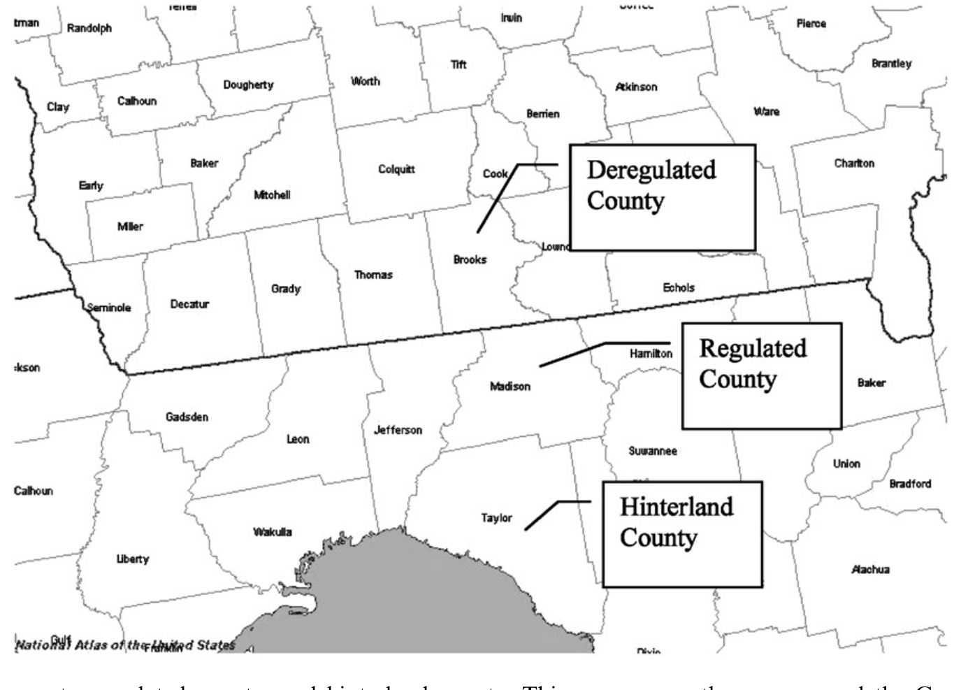 Figure 2: Deregulated county, regulated county, and hinterland county. This map covers the area around the Georgia-Florida border