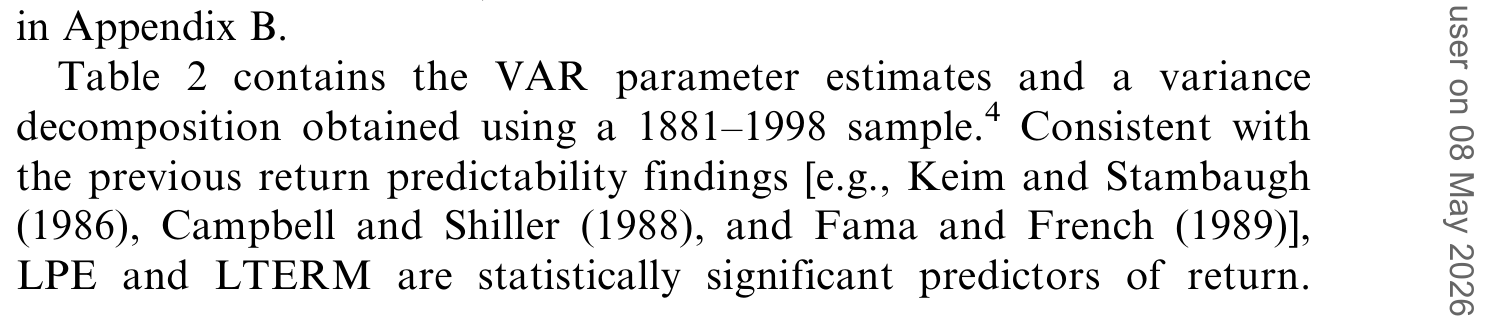Table 2: contains the VAR parameter estimates and a variance