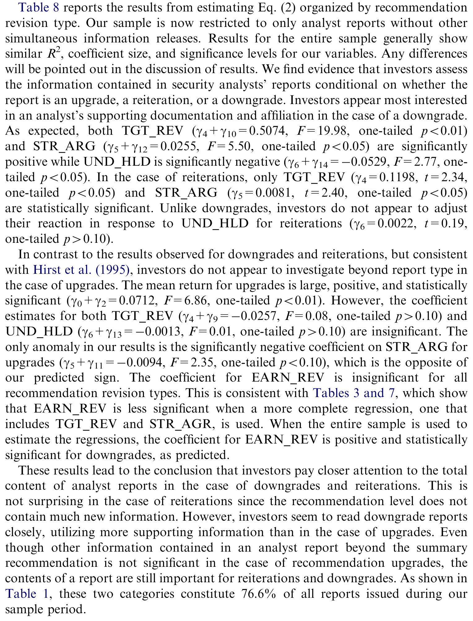 Table 8: reportsthe results from estimating Eq. (2) organized by recommendation