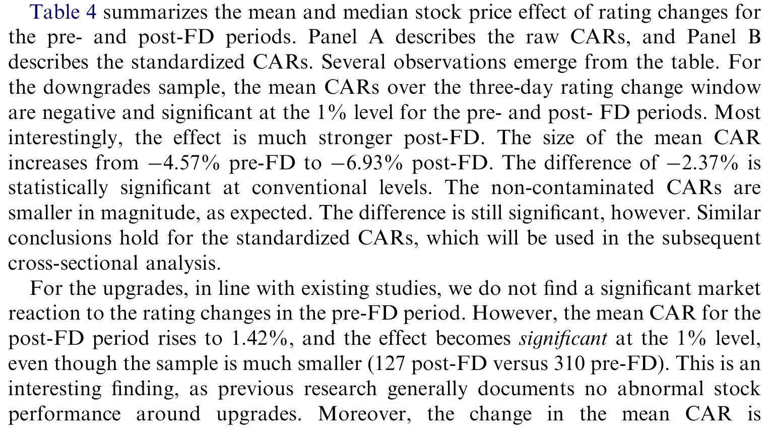 Table 4: summarizesthe mean and median stock price effect of rating changes for