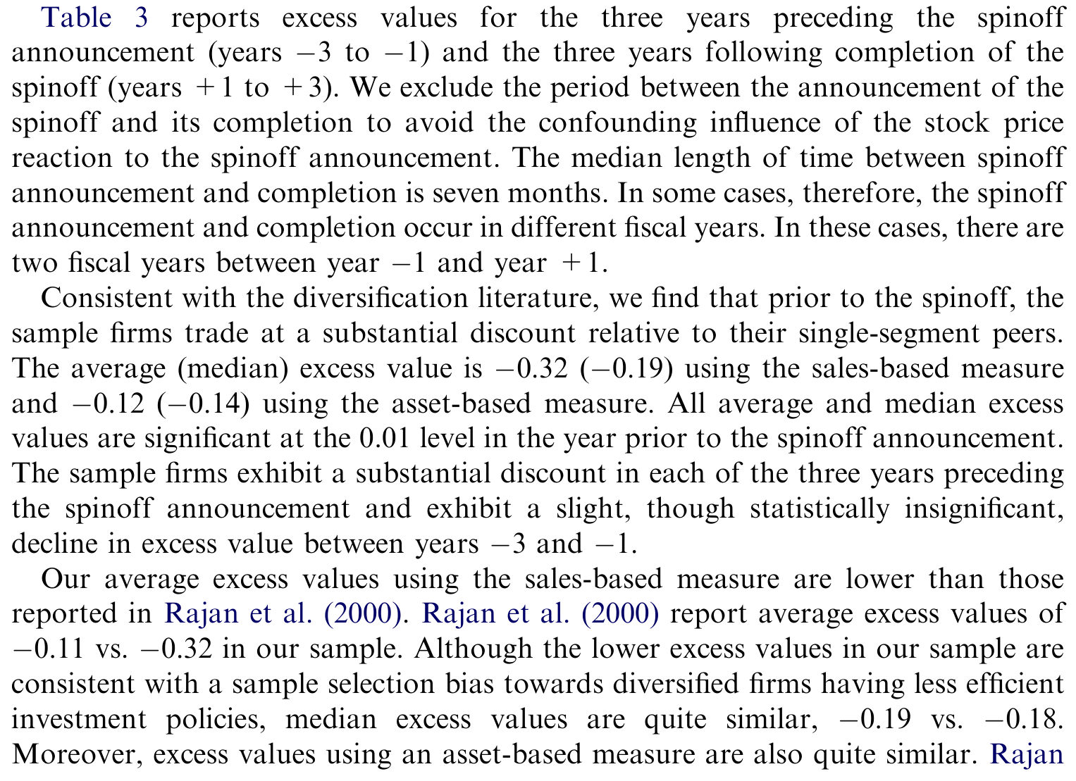 Table 3: reports excess values for the three years preceding the spinoff