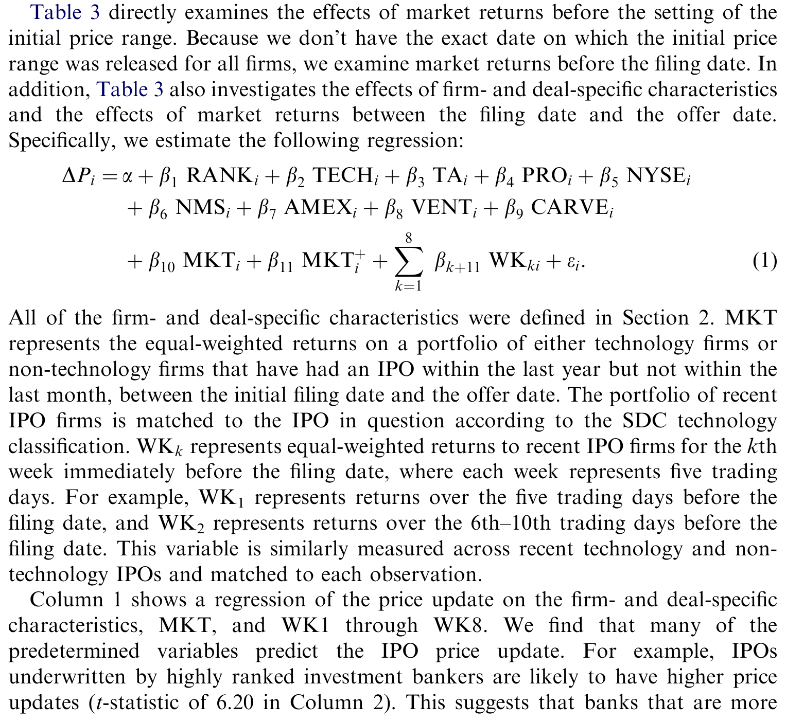Table 3: directly examines the effects of market returns before the setting of the