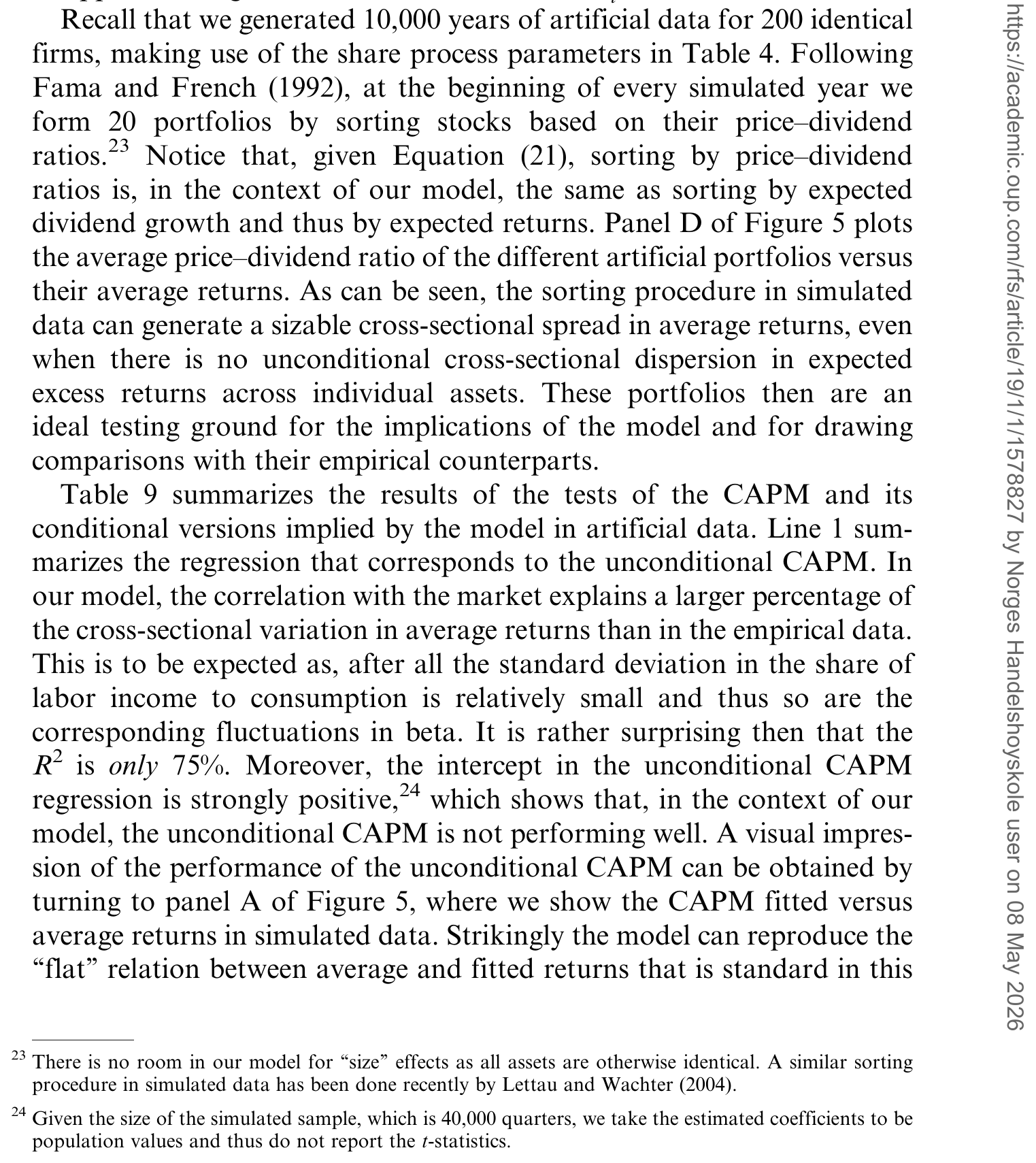 Table 9: summarizes the results of the tests of the CAPM and its