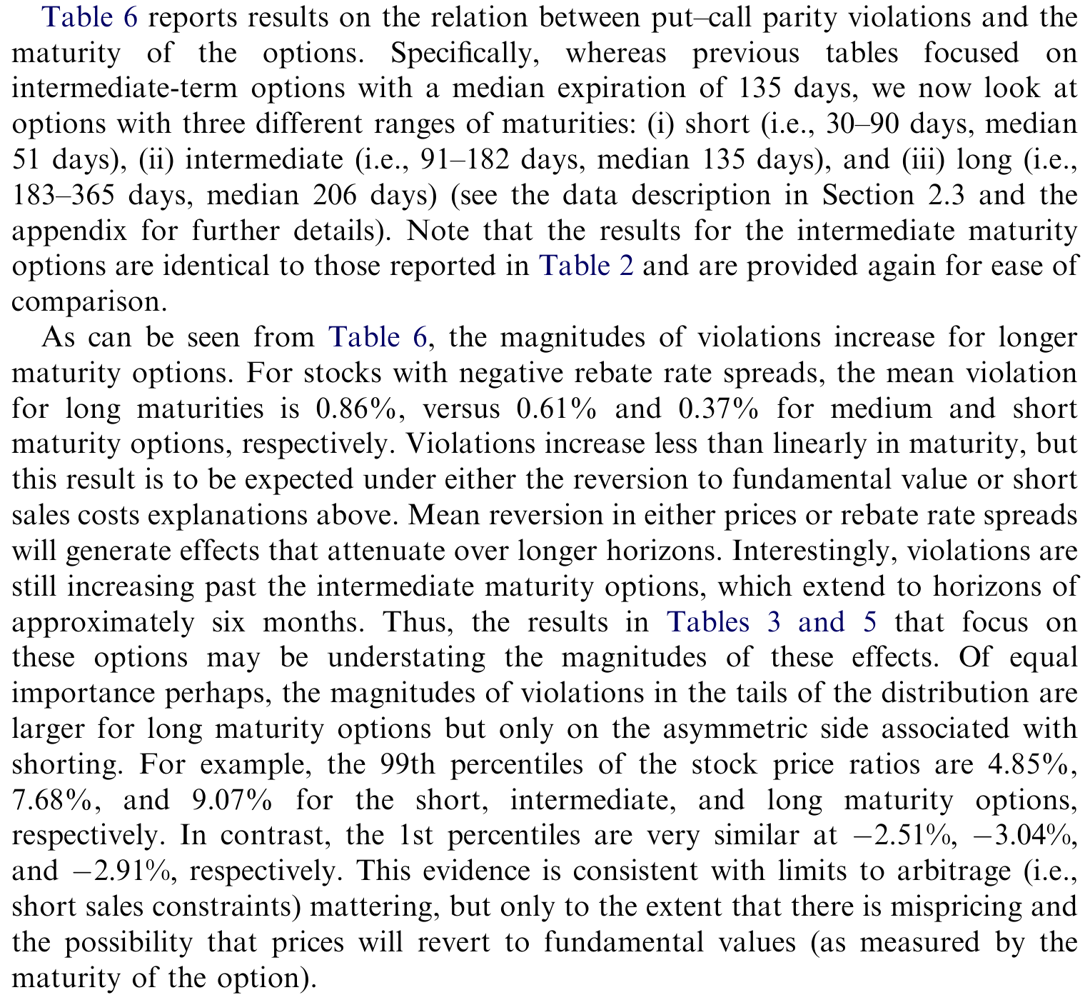 Table 6: reports results on the relation between put–call parity violations and the