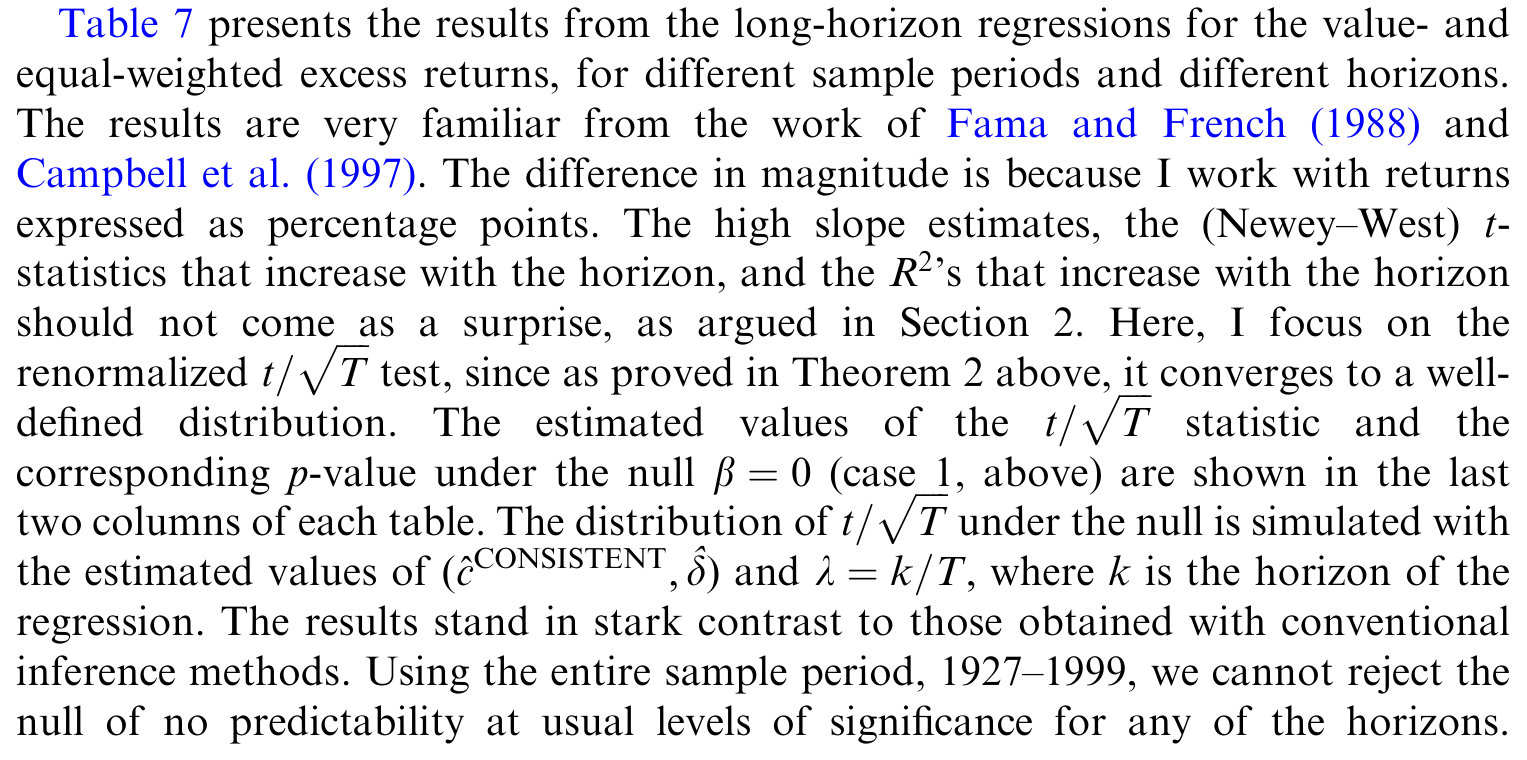 Table 7: presents the results from the long-horizon regressions for the value- and