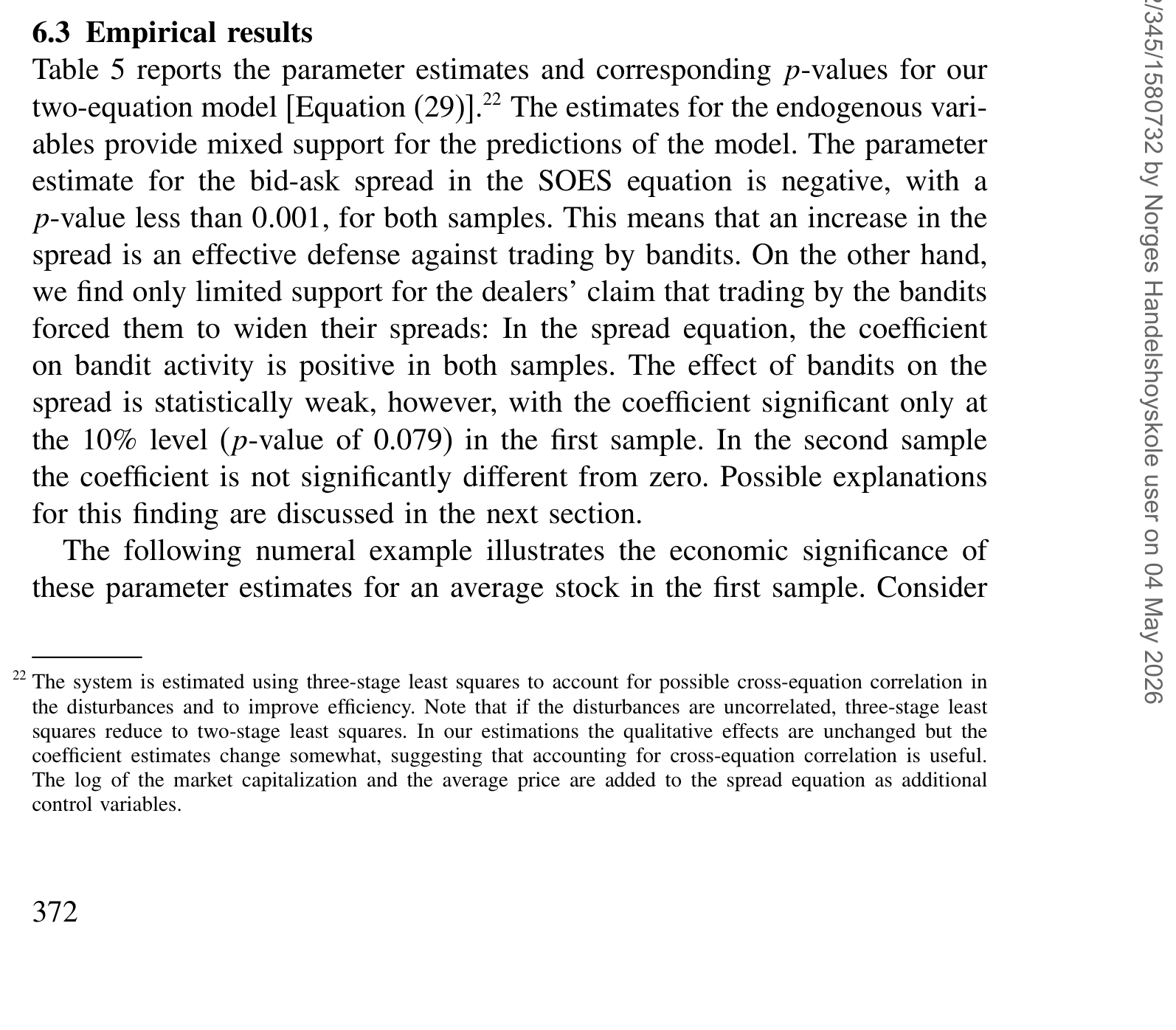 Table 5: reports the parameter estimates and corresponding p-values for our