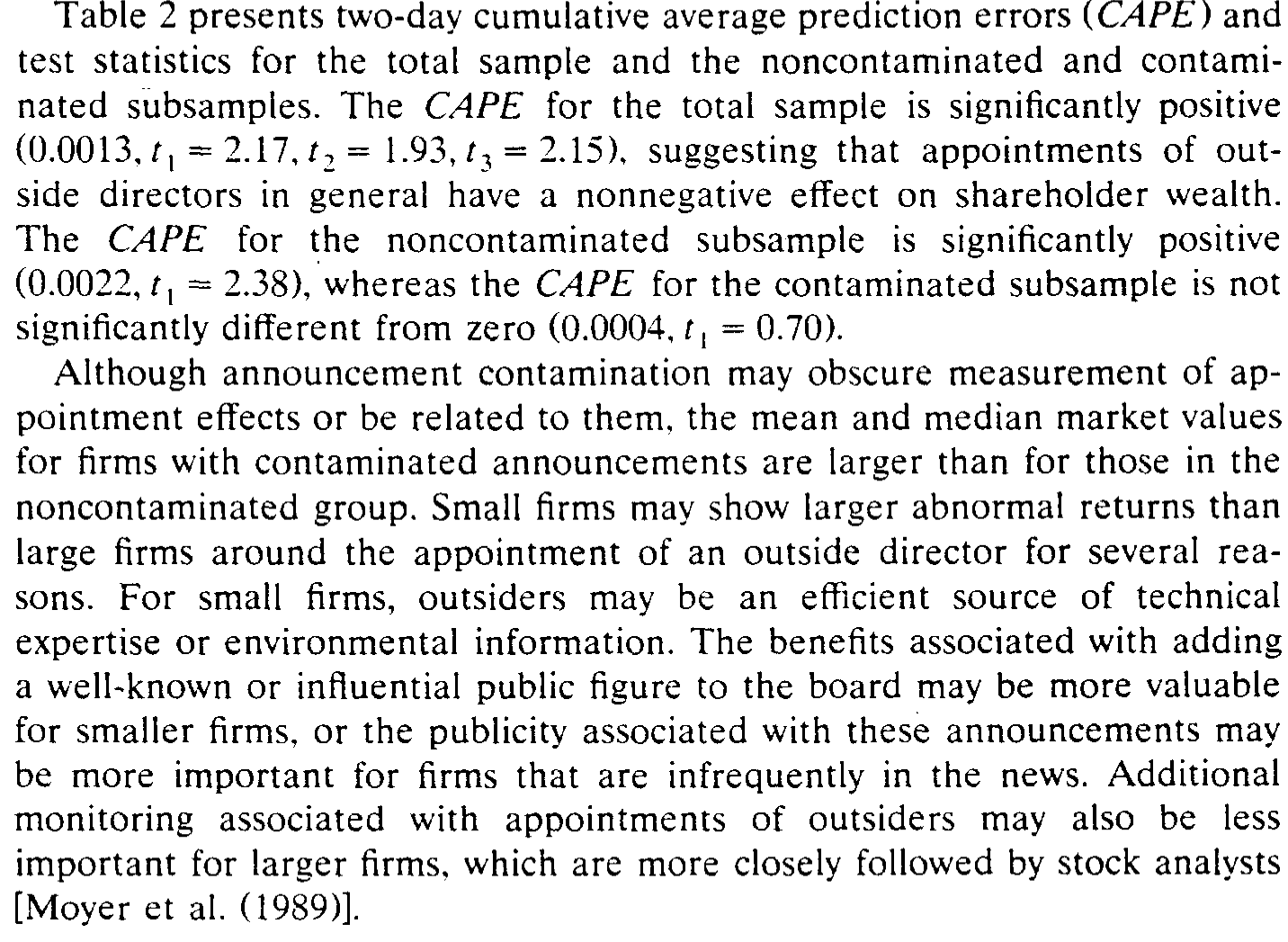 Table 2: presents two-day cumulative average prediction errors (CAPE) and