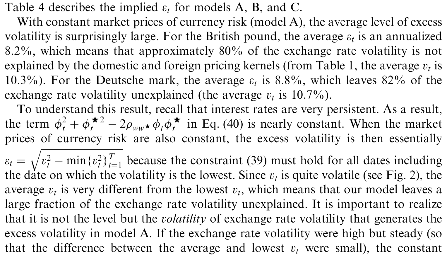 Table 4: describes the implied e for models A, B, and C