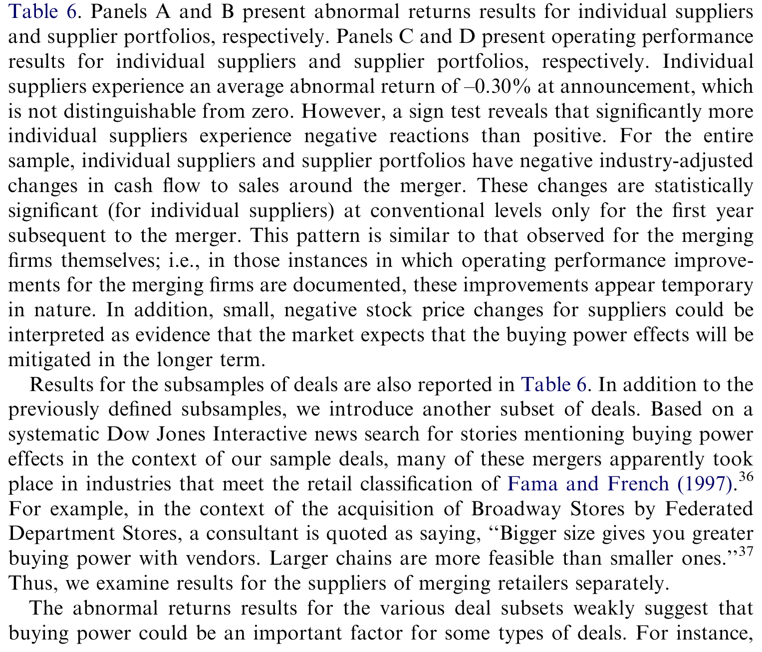 Table 6: Panels A and B present abnormal returns results for individual suppliers