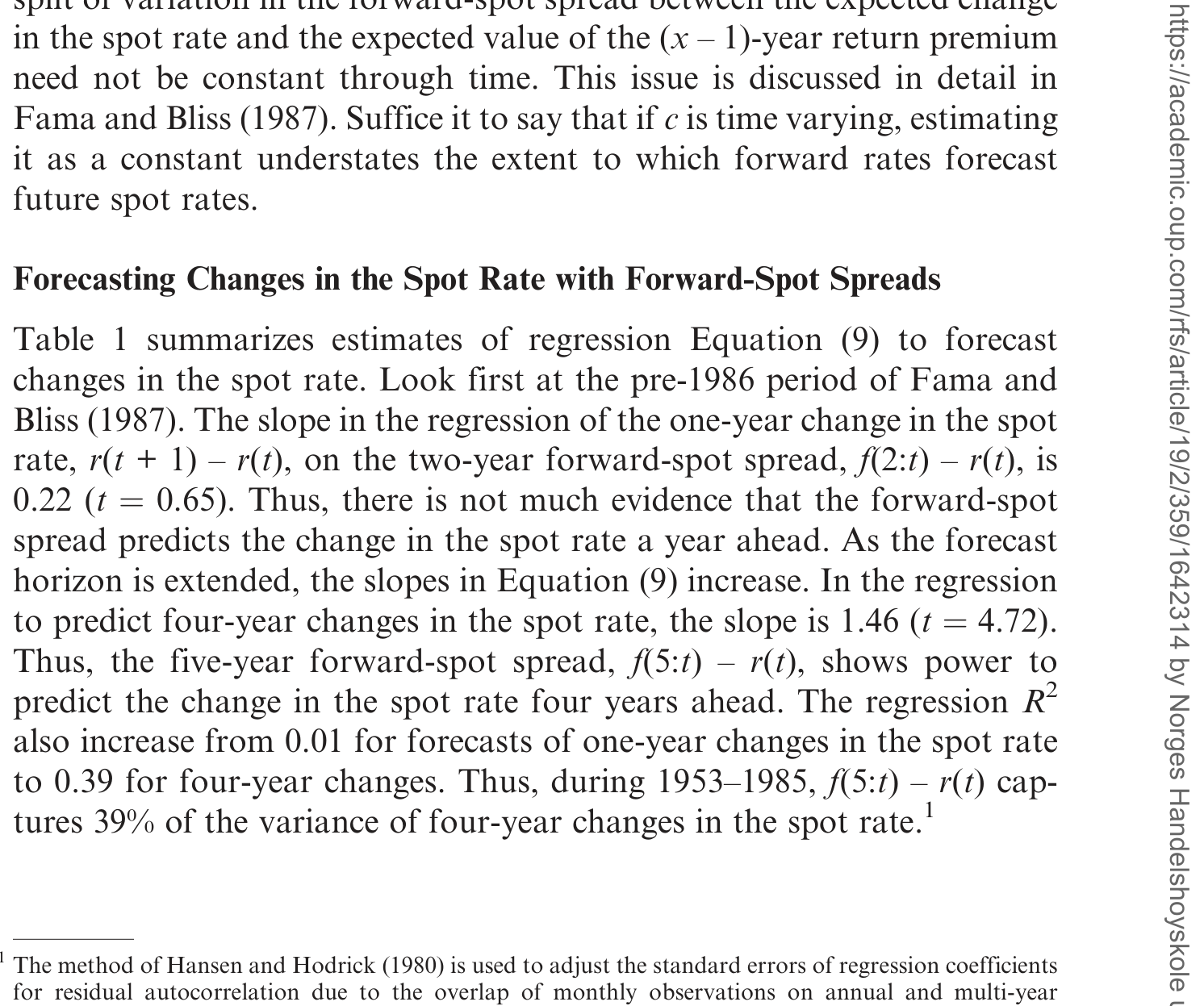 Table 1: summarizes estimates of regression Equation (9) to forecast