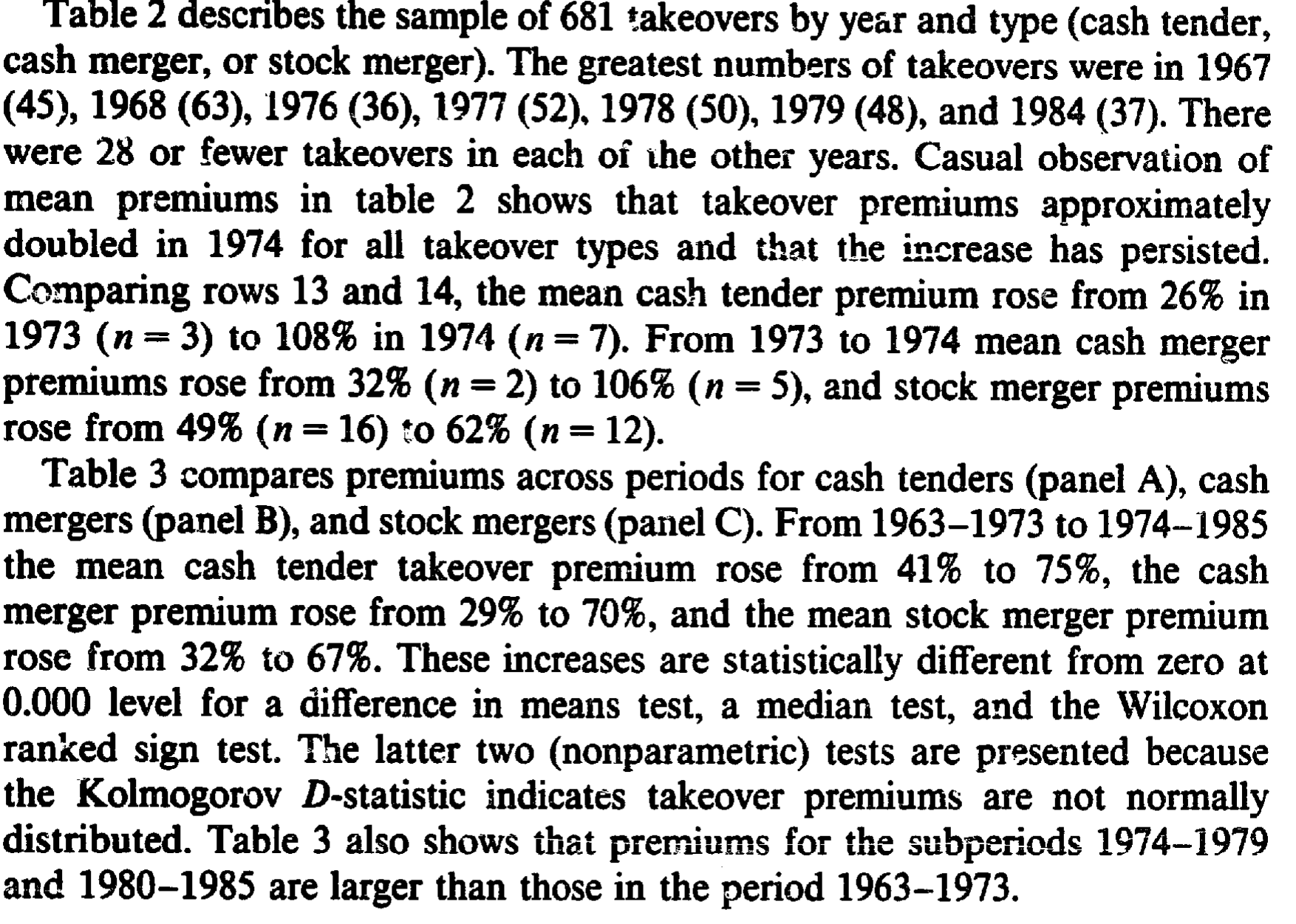 Table 2: describes the sample of 681 takeovers by ye&r and type (cash tender
