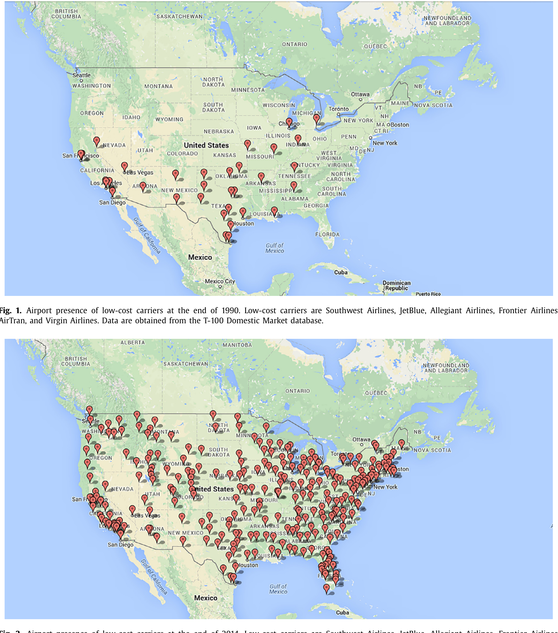 Figure 2: Airport presence of low-cost carriers at the end of 2014. Low-cost carriers are Southwest Airlines, JetBlue, Allegiant Airlines, Frontier Ai